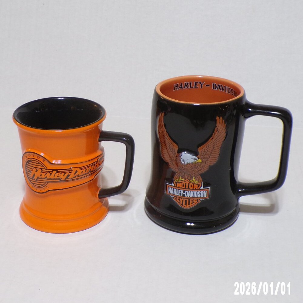HARLEY-DAVIDSON MUGS ( LOT OF 2 ) 3-D OFFICIAL LOGO CERAMIC MUGS
